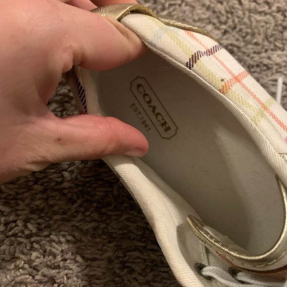 Coach. Barrett Tattersall sneakers. Cream background with multi colored plaid. - Picture 3 of 8